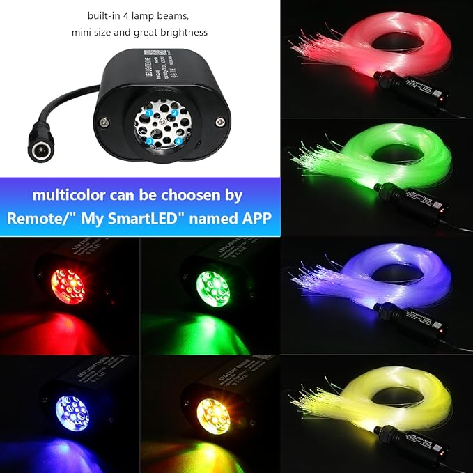 AMKI Mini 6W Starlight Headliner Kit 350pcs 0.03in 6.5ft,Twinkle+Sound Activated Fiber Optic Light 4Lamp Beam Starlight Box APP/Remote Control for Car Home Star Ceiling Decoration