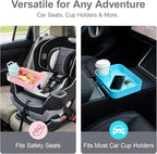 [Pink+Sky Blue] Car Seat Snack Tray for Toddlers - 3 Inch Cup Holder Fits Most Sippy Cups & Straw Bottles with Dip Well, Mess-Free Square Kids Travel Tray Road Trip Essentials, Pink & Sky Blue