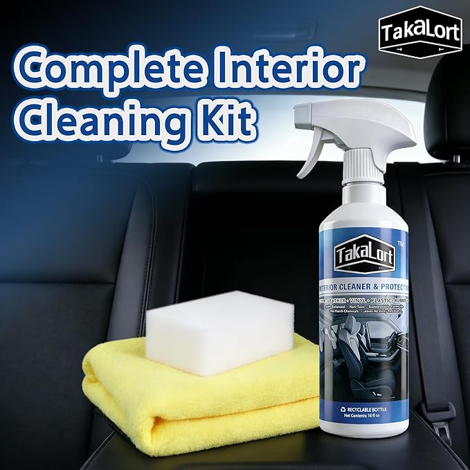 Car Interior Cleaner & Protectant, 16 Fl Oz Interior Detailer Spray – Cleans & Helps Protect Dashboard, Leather, Vinyl & Plastic, Includes Towel & Cleaning Sponge (Pack of 1)