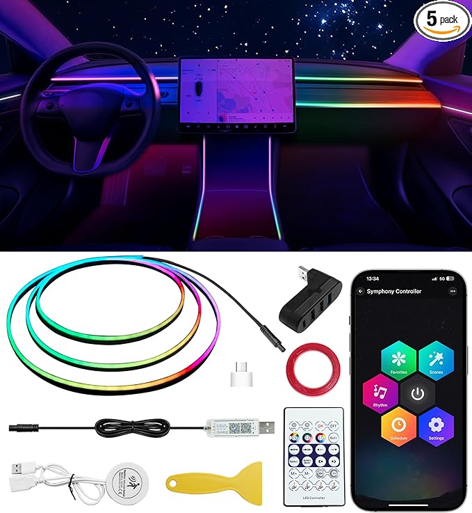 KENANEK 55.12Inch Tesla Interior Lights, 5V USB & Type-C Powered, with Motion Sensor and Docking Station, App Controlled Music Sync, OEM-Style Ambient Lighting Car with Dreamcolor Effects