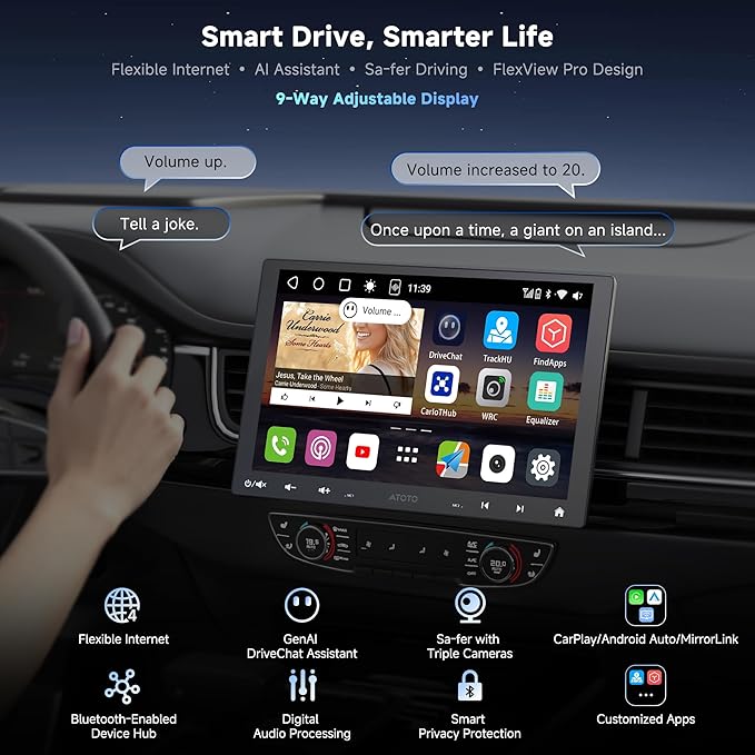 ATOTOZONE S8 MS 10.1'' QLED Single & Double DIN Android Car Stereo, 4G LTE, Floating Touchscreen, Wireless CarPlay & Android Auto, ChatGPT-Powered AI, Dual BT, DSP 36-Band EQ, SCVC, Backup Camera
