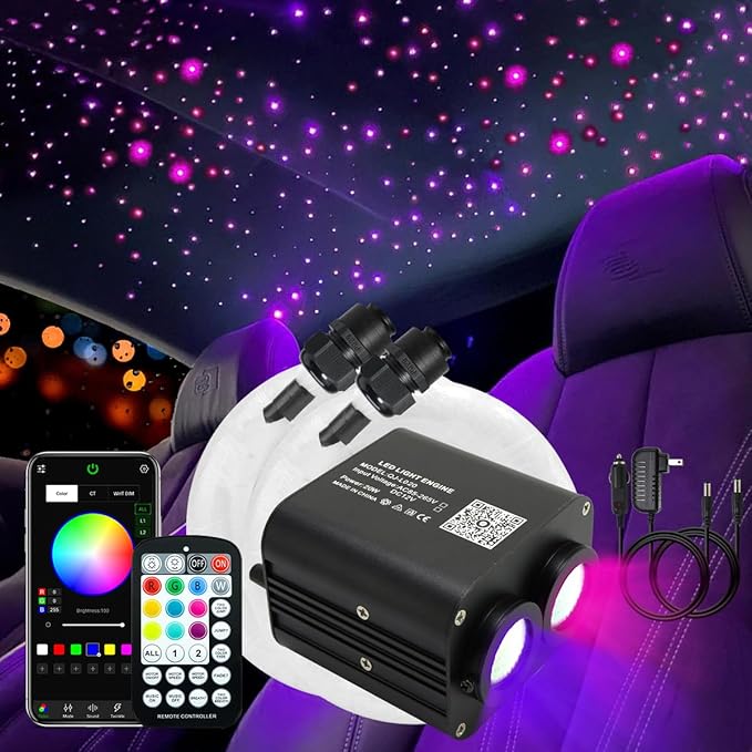 AKEPO 20W Twinkle Dual-Head Dual Color Fiber Optic Lights, Fiber Optic Star Ceiling Light Kit Sound Activated APP Remote Control for Car Starlights Headliner/Home 900pcs 9.8ft/3m Fiber Strands