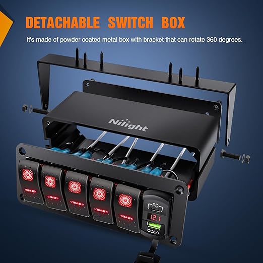 Nilight 5 Gang Rocker Switch Box 12V SPST ON Off Toggle Switches PD Type C and QC 3.0 USB Charger Voltmeter LED Light Waterproof Aluminum Mount Bracket Panel DIY Stickers for Boat Car RV Truck