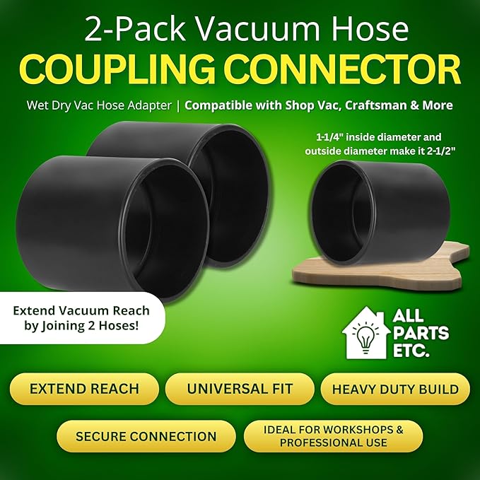 2-Pack 2.5" Vacuum Hose Coupling Connector – Wet Dry Vac Hose Adapter Compatible with Shop Vac, Craftsman & More– Extend Vacuum Reach by Joining 2 Hoses