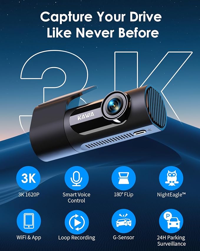 KAWA Dash Cam 2K, WiFi Dash Camera for Cars 1440P with Hand-Free Voice Control, Night Vision, Mini Hidden Dashcam Front, Emergency Lock, Loop Recording, 24-Hour Parking Monitor, APP, Support 256GB Max