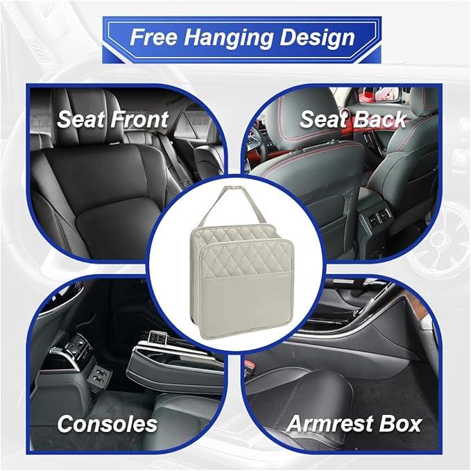 ZIMISI Car Back Seat Organizer, Waterproof Leather Automotive Backseat Hanging Bag with Cup Holders, Large Capacity Car Trash Can, Vehicle Travel Accessories for Most Vehicles (2PCS/Beige)