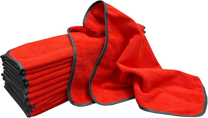 Detailer's Preference Large 320 GSM Microfiber Towels for Car Detailing, Washing, Drying, Ultra Soft Terry Weave, Scratch-Free, Lint-Free, Multi-Surface, Reusable, 16x24 Inch, 12-Pack, Red