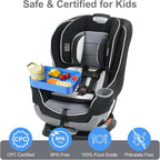 Car Seat Snack Tray for Toddlers - 3 Inch Cup Holder Fits Most Sippy Cups & Straw Bottles with Dip Well, Mess-Free Square Kids Travel Tray Road Trip Essentials, Blue