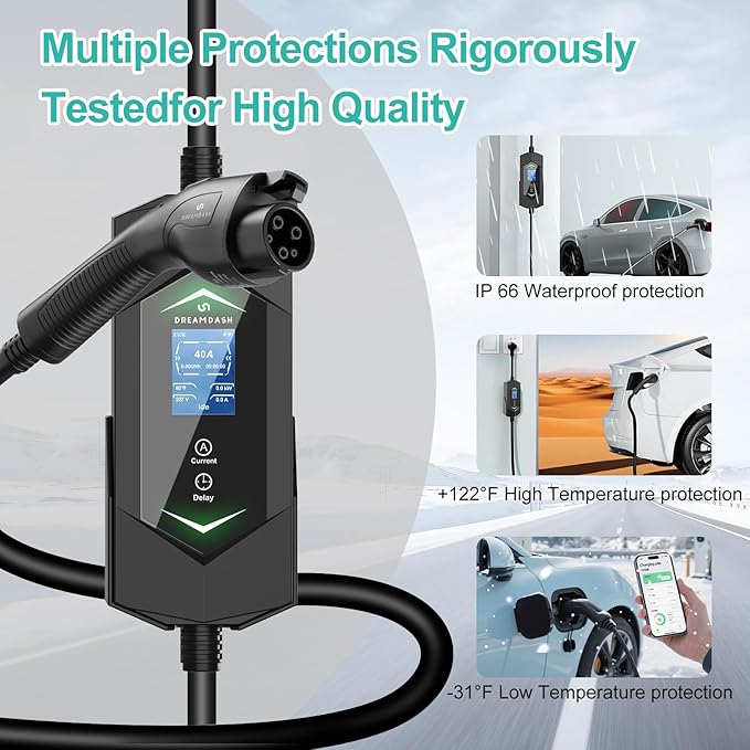 Level 2 EV Charger,40Amp 9.6KW,(WiFi APP/Plug-Play),240V NEMA 14-50 Plug,25ft ETL Listed Cable/J1772 Connector,IP66 Waterproof,Adjustable Current,Delay Timer,Electric Vehicle Charging Stations