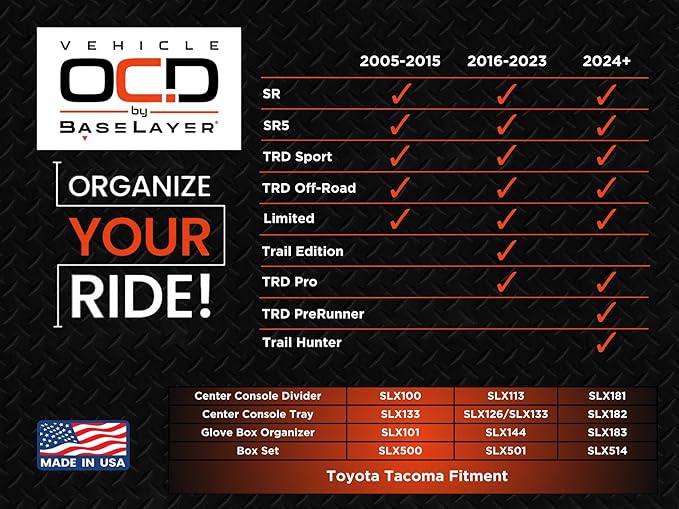 Vehicle OCD – Center Console Organizer Tray for Tacoma (2024-2026) – Made in USA - SLX182
