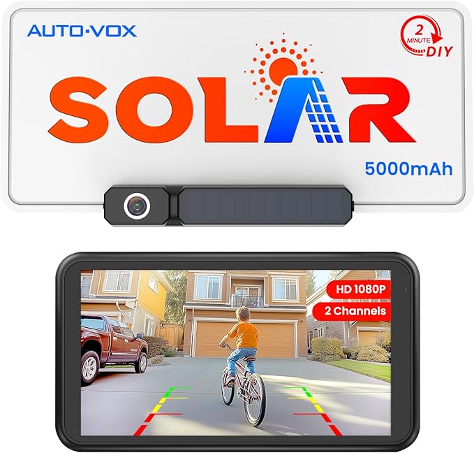 AUTO-VOX White Solar Wireless Backup Camera with 5" 1080P Monitor: 5000mAh Battery 2 Mins DIY Installation & 2 Split Screen Back Up Camera, IP69K Waterproof Reverse Camera for Car, Van, SUV, Truck