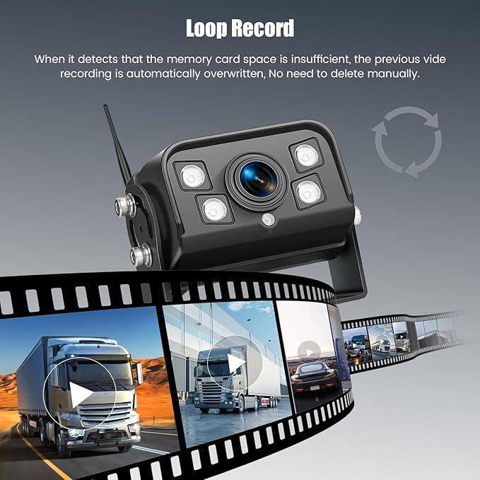 9 Inch Monitor Wireless Backup Camera System with Loop Recording, 12-24V for Truck, Trailer, RV, Bus Reversing Camera IP68 Waterproof Night Vision, Waterproof Back Up Camera Kit