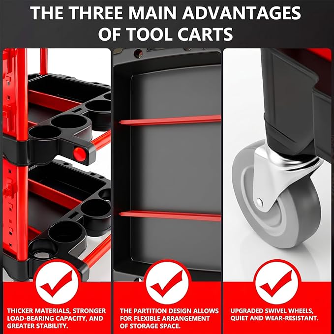 Auto Detailing Cart with Wheels, 3 Tier Rolling Detail Cart with Long Hanging Plate & Hooks & Brush & Towel and Gloves, for Detailers Garage, Workshop, Repair Shop, Storage Tool