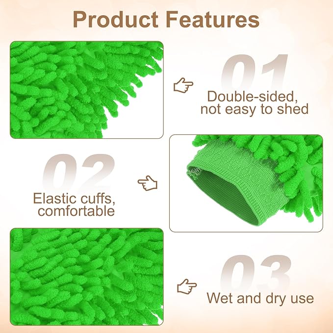 HARFINGTON Premium Chenille Microfiber Car Wash Mitts 9.8" x 7.9" Scratch Free Wash Gloves Absorbent Double Sided Plush Cleaning Drying Mitts for Car Washing Home Green
