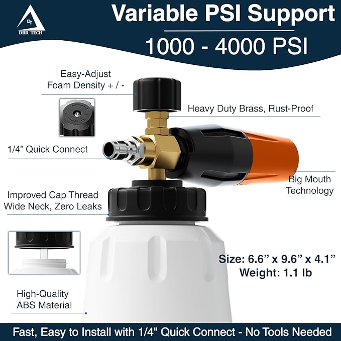 DBR Tech® Foam Cannon for Pressure Washer | Pro-Grade, 1.1mm Orifice, 1000-4000 PSI, Orange