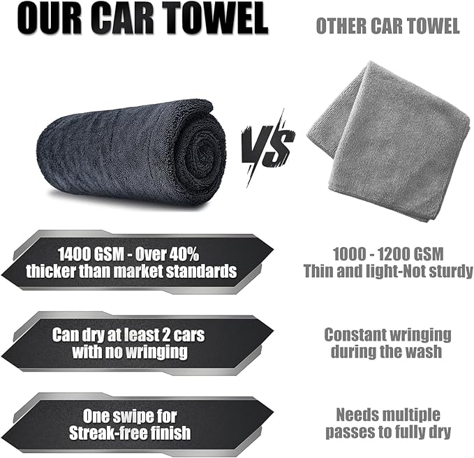 24"x36" Car Drying Towel, 1400GSM Microfiber Towel for Cars, Twisted-Loop Drying Towel Car Detailing, Double Sided Super Absorbent, No Water Spots, Label-Free Design Car Towel