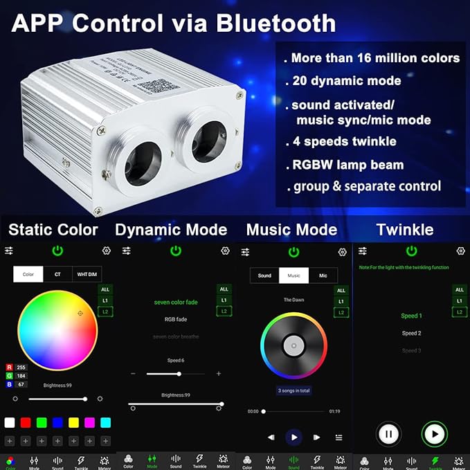 AZIMOM Two Port 16W Twinkle 800pcs Fiber Optic Starlight Headliner Kits 0.03in 13.1ft Fiber Strands Sound Activated Remote APP Control Dual Port Starlight Box Car Home Ceiling Decor