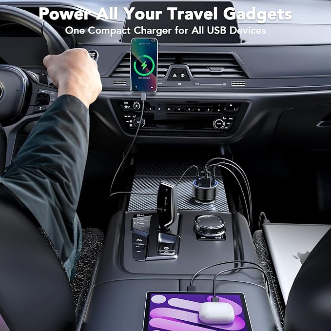 Car Charger USB C Fast Charge, 4 Port 78W Metal Car Phone Charger with Voltmeter, 2 USB-C & 2 USB-A 12V-24V Cigarette Lighter USB Charger Adapter for iPhone 17 16 15 Pro Max, Galaxy S26 S25, iPad