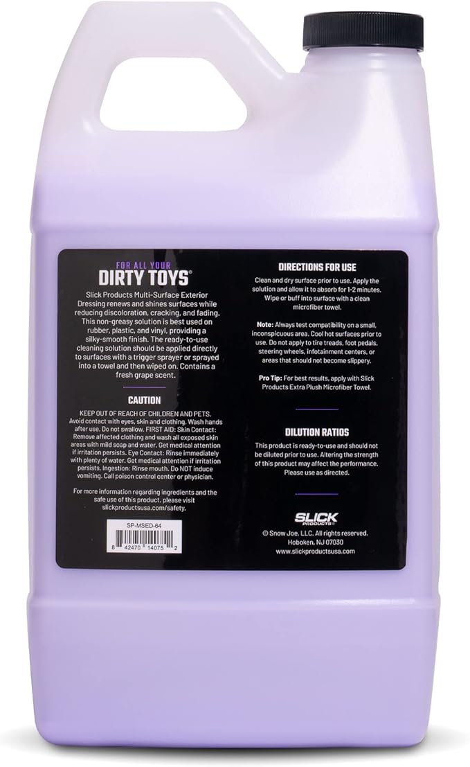 Slick Products Multi-Surface Exterior Dressing – Restores, Protects & Shines Vinyl, Rubber & Plastic – Non-Greasy Silky Finish with Fresh Grape Scent – 64 oz.