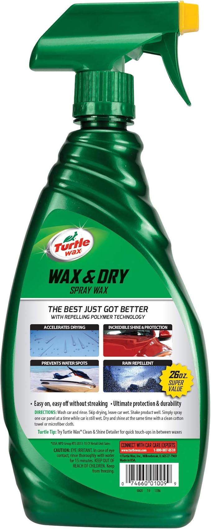 Turtle Wax Quick and Easy Wax and Dry Spray Wax - 1 Step - Carnauba Shine - Prevents Water Spots - Repels Rain