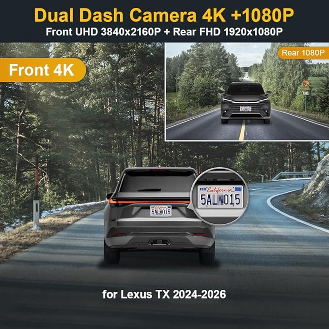 Fitcamx Front 4K+Rear 1080P Dash Cam Adapts for Lexus TX 350 2024-2026 & TX 500h Hybrid, Integrated OEM Look, 2 Way HD Video, WiFi & APP, Loop Recording, Gravity Sensor, Easy to Use, 128GB Card