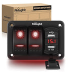 Nilight 2 Gang Rocker Switch Panel Red Backlit with 4.8 Amp Dual USB Charger Voltmeter Waterproof 12V 24V DC Night Glow Stickers for Car Trucks Boats RVs