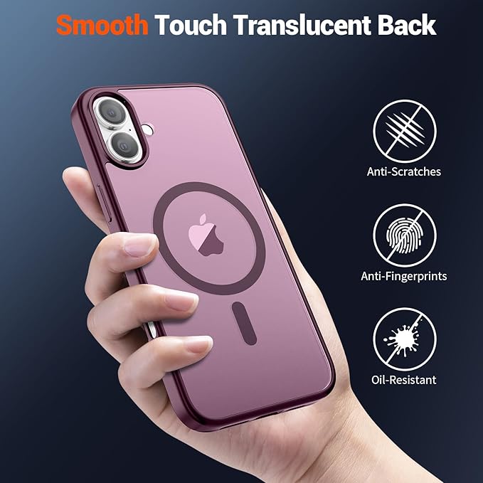 SUPFINE Magnetic for iPhone 16 Plus Case(Compatible with MagSafe)(10 FT Military Grade Drop Protection) Slim Translucent Matte Shockproof with Anti-Fingerprint Phone Case,Wine Red