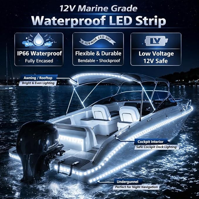 12V Marine Boat LED Light Strip Super Bright, 2 Pack 2FT IP68 Fully Waterproof RV Front Cap Lights, Golf Cart Underglow Roof Lights Strip for Truck ATV UTV SUV Car Pickup Trailer, Cuttable, White