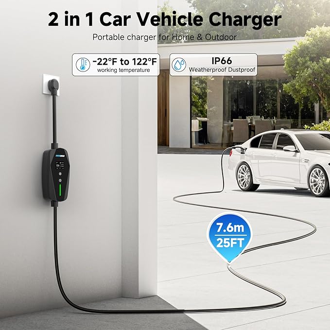 Level 2 EV Charger, 32A/7KW Electric Vehicle Portable Charger with 25FT Cable, Home EV Charging Station, 240V NEMA 14-50 Plug, for All SAE J1772