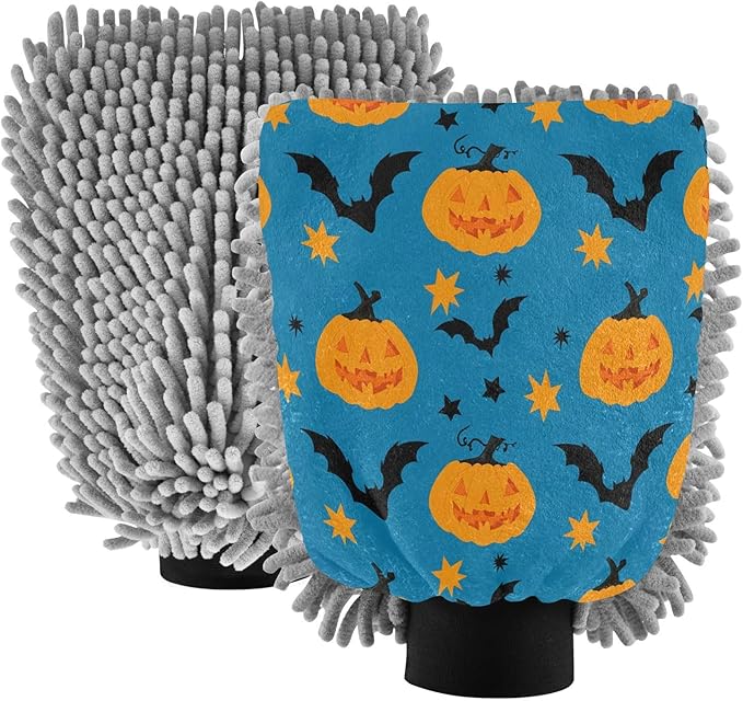 Qilmy Orange Pumpkins Microfiber Chenille Car Wash Sponge Scratch Free Car Wash Mitt Absorbent Mitt Sponge for Trucks SUVs Car Washing Home Cleaning, Medium