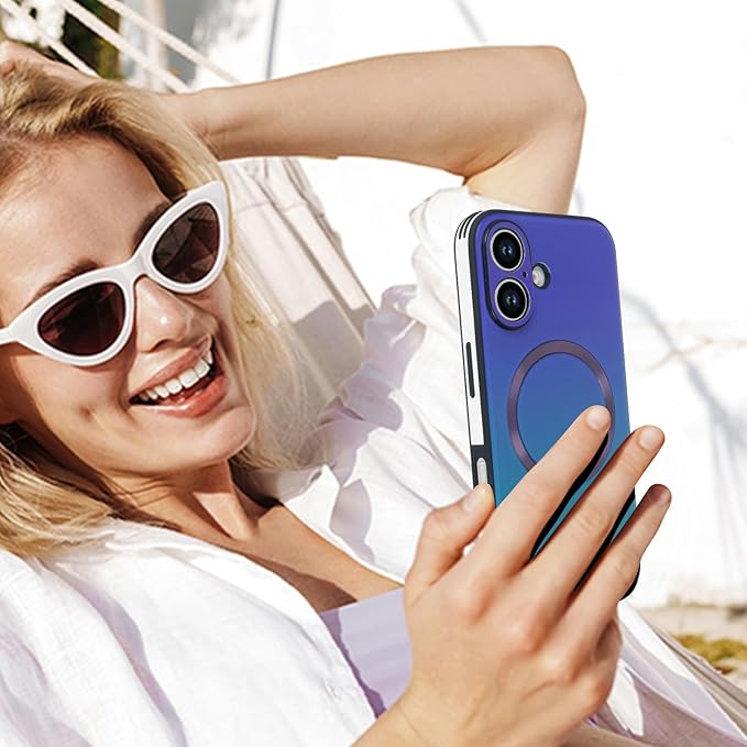 Guppy Compatible with iPhone 16 Plus Case Magnetic, with Full Camera Lens Protector [Compatible with MagSafe] Scratch Resistant Gradient Glass Back Cover Phone Case-Purple