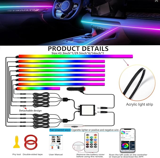 Acrylic Interior Car LED Strip Light with APP Remote Control,235 inches 8 in 1 RGB Dreamcolor Neon Flexible Strip Fiber Optic LED Ambient Lighting Kits,RGB Music Lights Sync for Inside car Decorations
