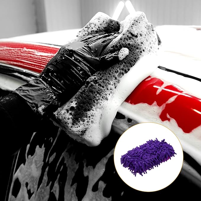 HARFINGTON Car Wash Sponge 8.7" x 4.3" Chenille Microfiber Mitt Scratch-Free Absorbent Scour Scrubber Cleaning Sponge for Washing Detailing on Cars, Trucks, SUV, Boats, RVs, Purple