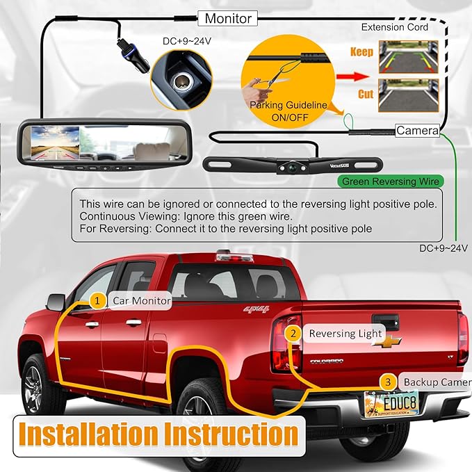 VT1 1080P Wired Car Backup Camera Kit, Easy to Install for Continuous or Reversing Viewing, 4.3" in-Mirror Clip-on Monitor with HD Backup Camera for Cars, Pickups, SUVs, Vans, Sedans, Trucks