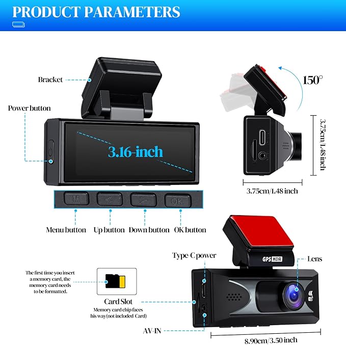 4K Dash Cam with WiFi & APP Control, 4K Front and 2.5K Rear, Dash Camera with ADAS,G-Sensor, 24 Hours Parking Mode, Loop Recording, Night Vision