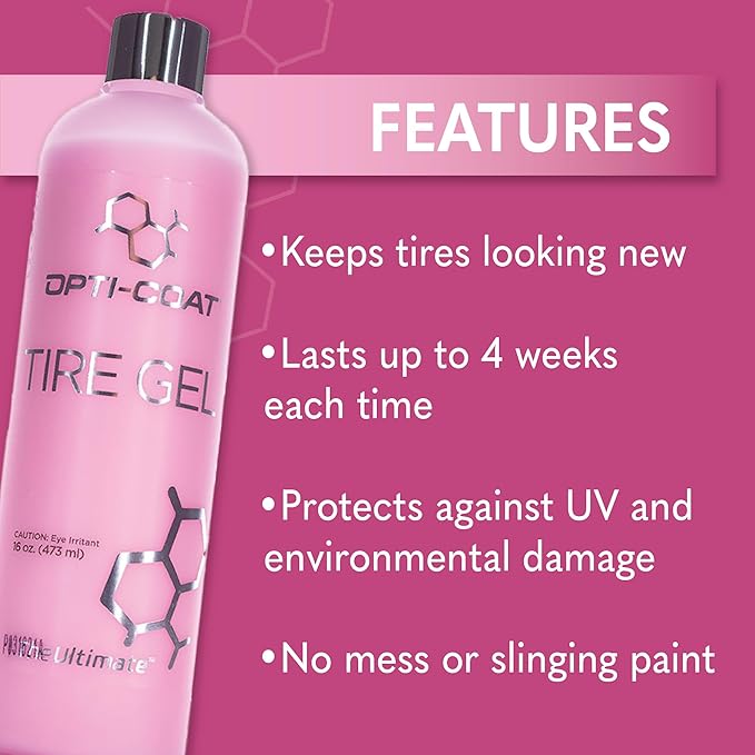 OPTI-COAT – Tire Gel – High Gloss Finish and Excellent Durability; Used to Protect and Dress Tires, Wheel Wells, Interior, & Exterior Plastic Trim; Protects from Ozone, UV, & Oxidation (16 Fl. Oz.)