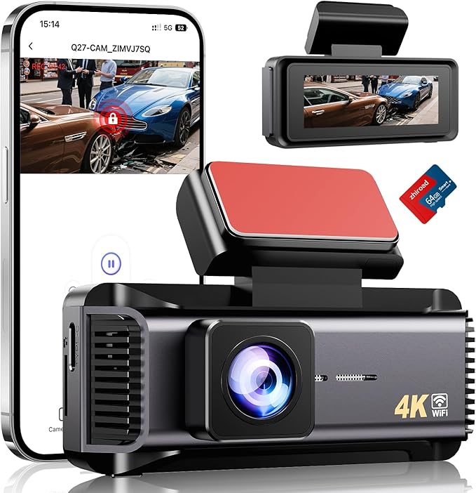 4K Dash Cam Front, Dash Camera for Cars 5Ghz WiFi/APP Control, 64GB Card Included, 2.99'' IPS Screen, 2160P Car Dashcam, Night Vision, 24H Parking Monitor, Loop Recording, G-Sensor, Max Support 256GB