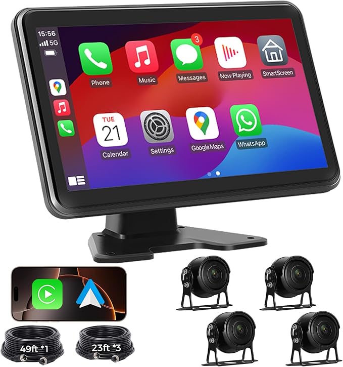 4 Channel Backup Camera Dash Cam System for Trucks, RVs, Trailers, Carplay & Android Auto, 10'' Touch Screen Monitor & DVR Recording, 4 HD1080P Wired Rearview Reverse Cameras IP68-rated..