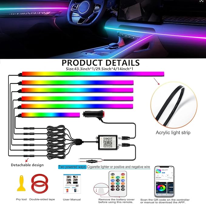 Interior Car LED Strip Lights,Acrylic LED Lights for Car with Dynamic Dreamcolor Chasing,175 inches 6 in 1 RGB Neon Strip Fiber Optic Ambient Lighting Kits with Remote APP, for Inside car Decorations