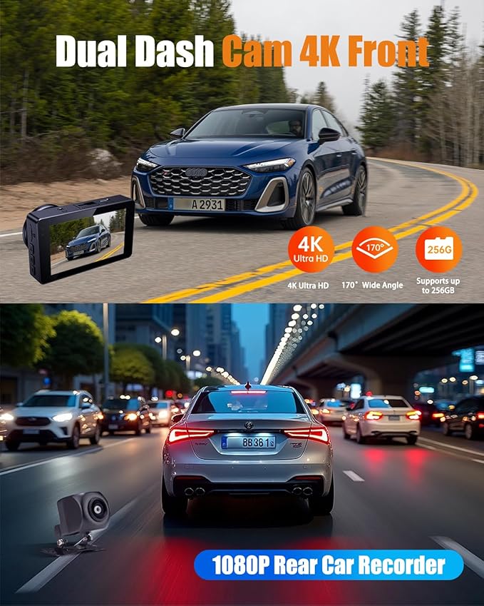 Dash Cam Front and Rear, 2.5K+1080P Dual Dash Camera for Cars, 3’’ Display Mini Car Camera, G-Sensor Dashcam, Night Vision, 24H Parking Mode, Loop Recording, 170°Wide Angle, 32GB Card Included