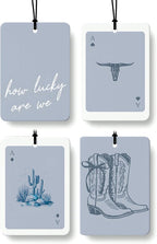 Boho Blue Western Car Air Freshener 4 Pcs, Preppy Cowgirl Cow Skull Cactus Ace Card Hanging Air Freshener for Cars Closet Drawer Books, Cute Western Car Accessories Mirror Decor for Women