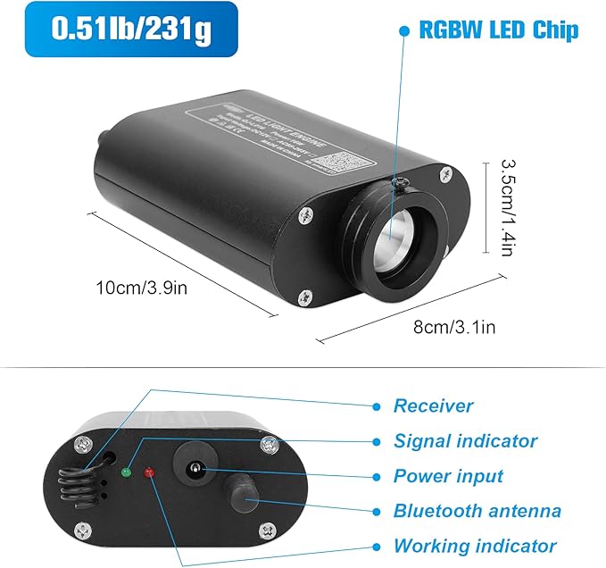 CHINLY 16W 300pcs 0.03in 9.8ft Car Use Bluetooth RGBW LED Fiber Optic APP&Remote Music Mode Starlight Headliner Light Kit+Adapter+Cigarette Lighter