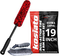 Car Wheel Brush & Wheel Barrel Brush Kit – 19" Soft Non-Scratch Microfiber Rim + Stiff-Bristle Scrubber for Tires, Rubber Mats & Motorcycles – Tire Brushes for Cleaning Tires