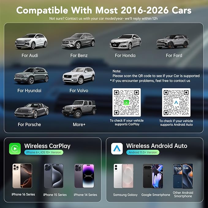 Wireless CarPlay Adapter 2026, 2-in-1 Convert Factory Wired CarPlay & Android Auto to Wireless, Plug and Play, Auto Reconnect, Compatible with iPhone & Android Phones, USB/USB-C, Dark Grey