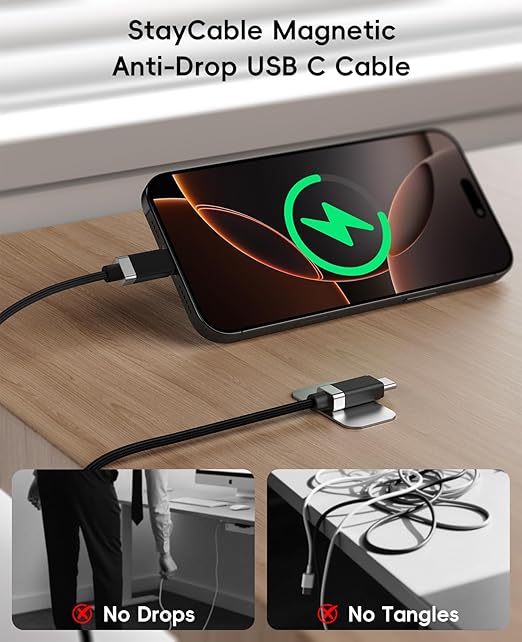 Magtame StayCable 2Pack USB A to USB C Cable with Magnetic Holder 3.3FT, Anti-Drop 3A Fast Charging and Data Sync Type C Cable, Braid Charger Cord for iPhone 17 16, Bedside, Desk, Car Cord Management
