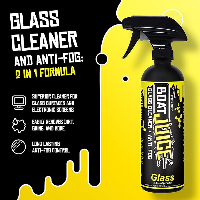 Boat Juice 2in1 Glass Cleaner & Anti-Fog Spray | Streak-Free for Boat Windshields, Car & RV Windows, Navigation Screens | No Rinse | Ammonia-Free | Lemon Drop Scent | Made in USA | 16oz