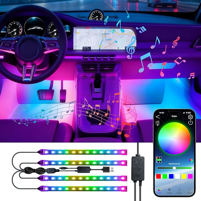 Car Led Strip Lights, RGB Truck Interior Lights with App Control, Under Dash Footwell Automotive Led Light Strip, Car Ambient Lighting for SUV(1set)
