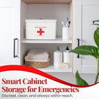 Flexzion First Aid Box Organizer Empty 13" White Vintage First Aid Kit Tin Metal Medical Box - First Aid Storage Box Container Bins with Dividers, Removable Tray and Red Cross Logo