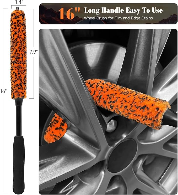 YeewayVeh 7PCS Motorcycle Cleaning Kit with 2-Size Bendable Wheel Brushes-Hard Reach Brush,Tire and Chain Brush, Boar Hair Detailing Brush, Wash Mitt & Microfiber Towel for Dirt Bike & Car Wheels