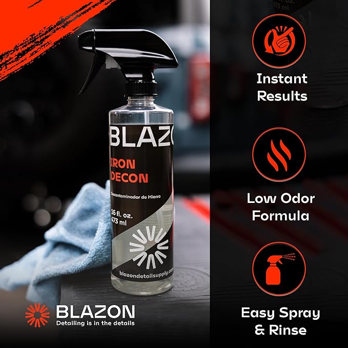 BLAZON Iron Decon - Heavy Duty Iron Remover & Wheel Cleaner, 2X Concentration for Rapid Removal of Iron Buildup, Brake Dust, and Rust Spots, Low Odor Formula - Citrus Scent - 16 Oz